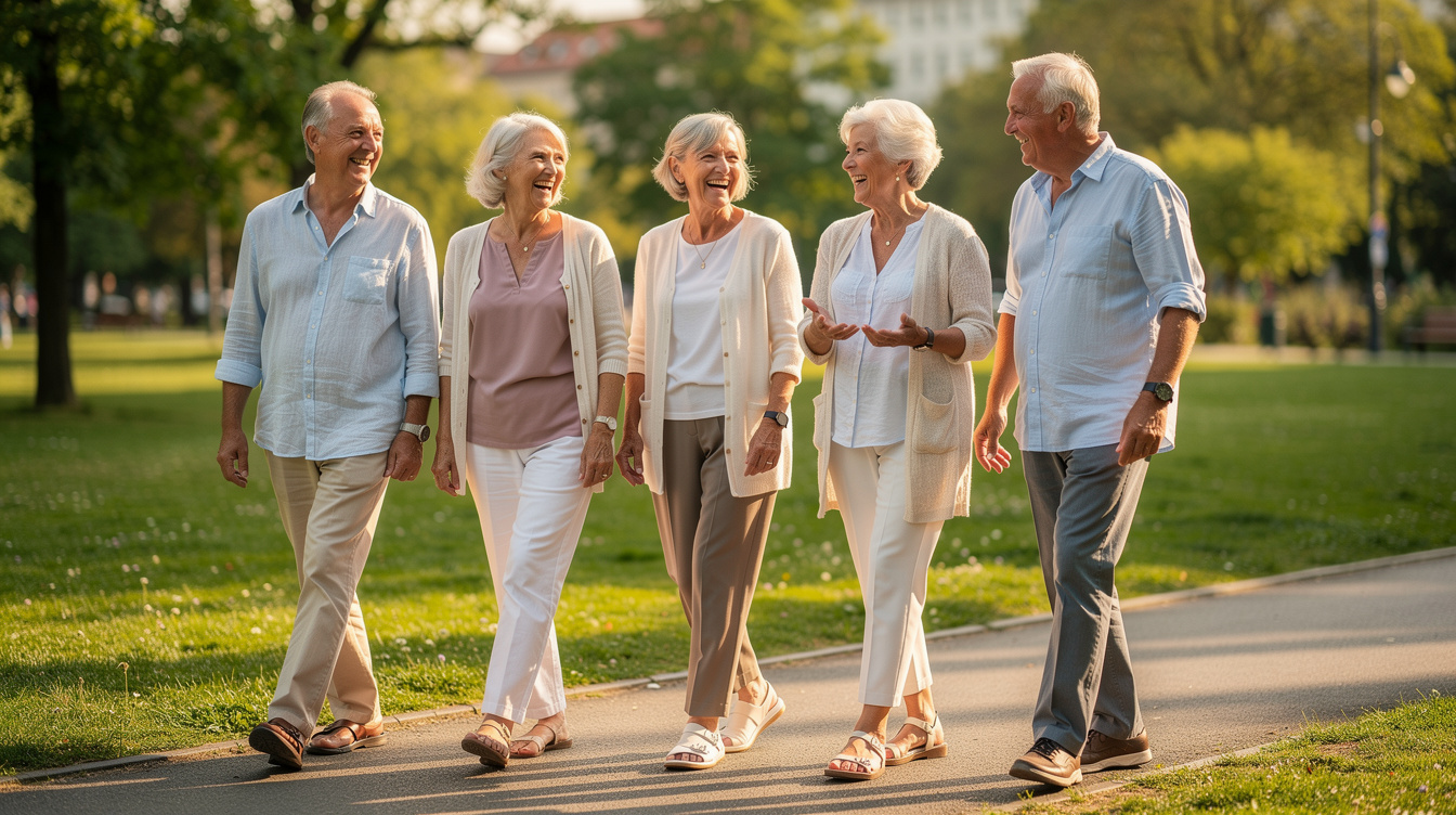 Group of smiling senior friends walking together in a sunny park