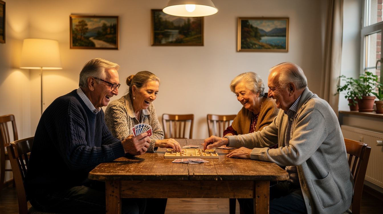 Seniors playing board games and cards indoors